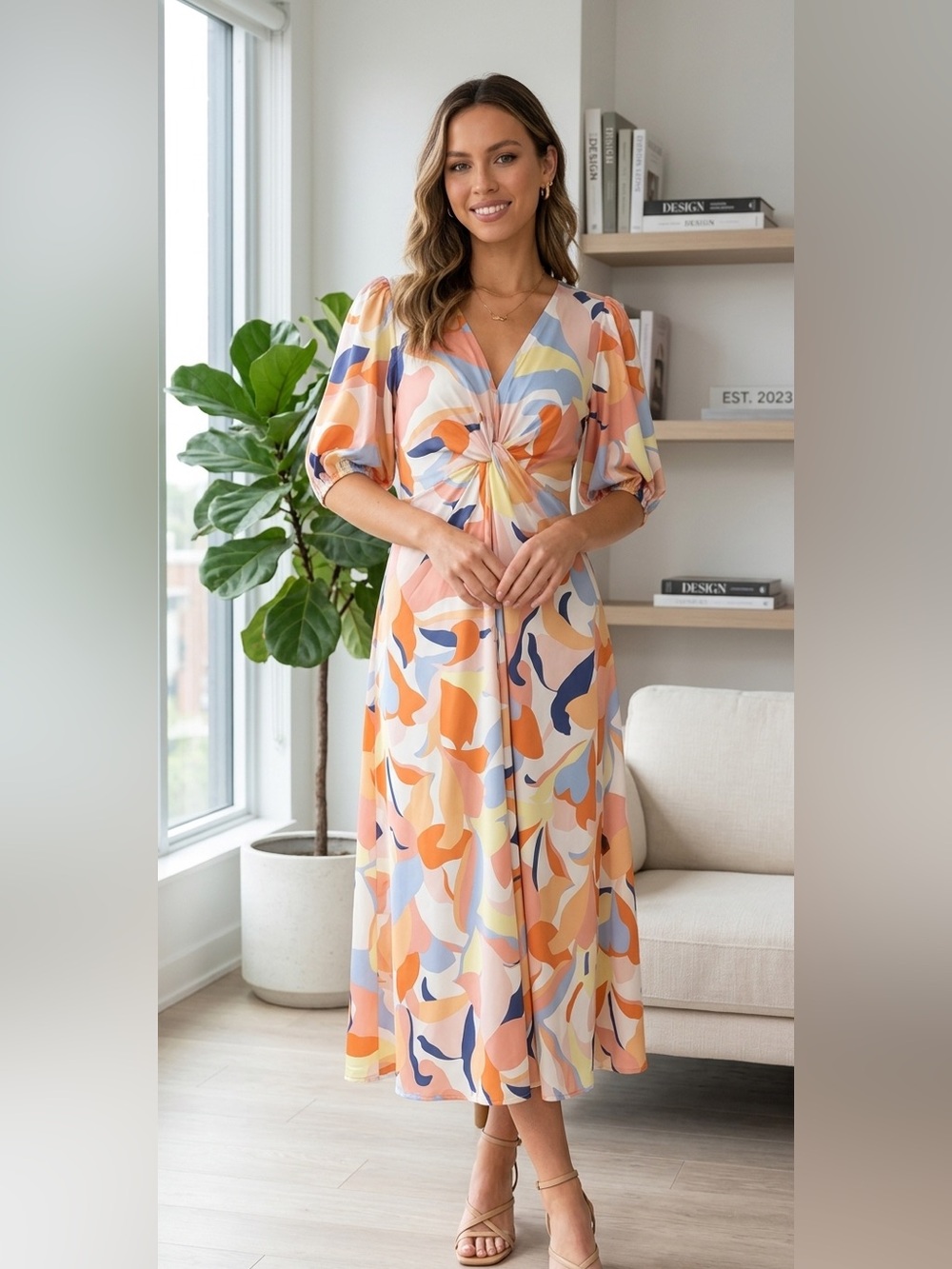 White Closet Elements Abstract Floral Midi Dress XS Twist Front Puff Sleeve